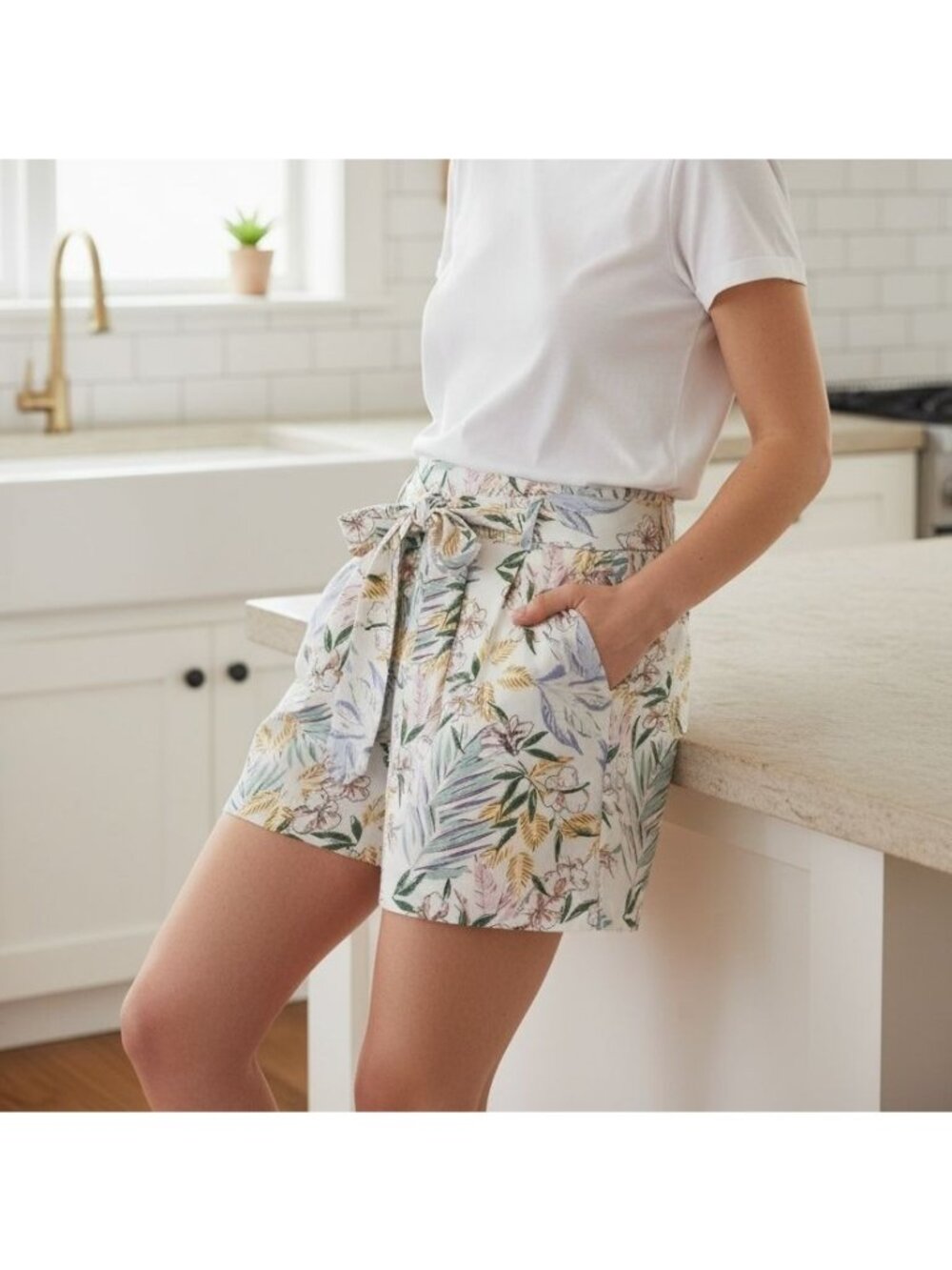 Dalia L Linen Blend Tropical Palm Elastic High Waist Belted Tie Shorts Breathabl